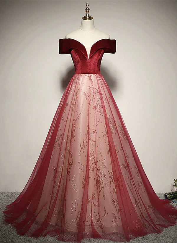 Vestido de fiesta largo con hombros descubiertos, corte A, de tul rojo y terciopelo